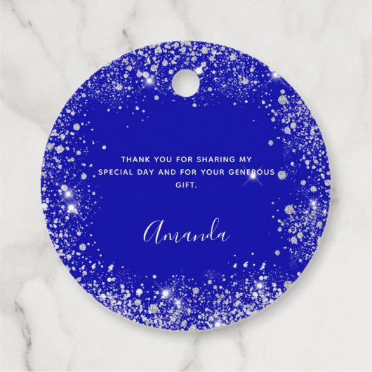 ロイヤルブルーのシルバーグリッターの塵のモノグラムの感謝 フェイバータグ (裏面)