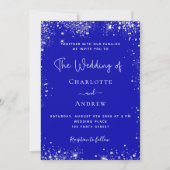 ロイヤルブルーのシルバーグリッターQRコードRSVP結婚式 招待状 (正面)