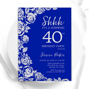ロイヤルブルーのシルバーローズサプライズ40歳の誕生日 招待状