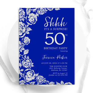 ロイヤルブルーのシルバーローズサプライズ 50歳の誕生日 招待状