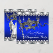 ロイヤルブルーのスイート16マスカレードパーティー 招待状 (正面/裏面)