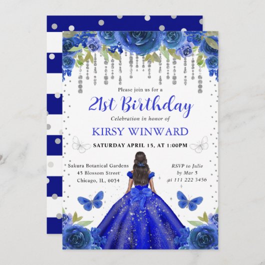 ロイヤルブルーのドレスを着た黒い肌のプリンセスの誕生日 招待状 (正面/裏面)