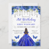 ロイヤルブルーのドレスを着た黒い肌のプリンセスの誕生日 招待状 (正面)