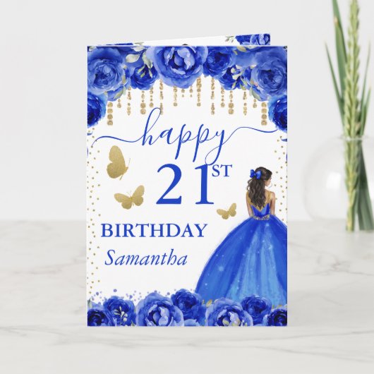 ロイヤルブルーのドレスを着た黒肌のプリンセスの誕生日 カード (正面)