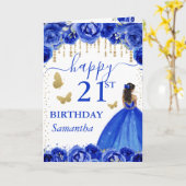 ロイヤルブルーのドレスを着た黒肌のプリンセスの誕生日 カード (黄色い花)