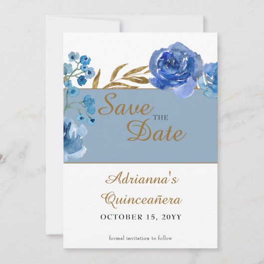 ロイヤルブルーのバラとゴールドの葉のキンセアニエラの写真 セーブザデート (正面)