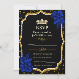 ロイヤルブルーのバラ 金のQuinceañera RSVPカード