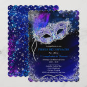 ロイヤルブルーのパーソナライズされた誕生日マスカレード 招待状 (正面/裏面)