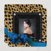 ロイヤルブルーのヒョウ柄写真 卒業おめでとう 案内状 (正面/裏面)