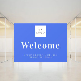 ロイヤルブルーのビジネスロゴ歓迎営業時間 ウィンドウサイン