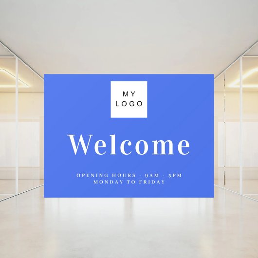 ロイヤルブルーのビジネスロゴ歓迎営業時間 ウィンドウサイン