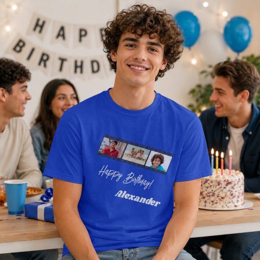 ロイヤルブルーのフィルムの名前入りバースデー男性 Tシャツ