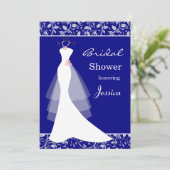 ロイヤルブルーのブライダルシャワーの白い婚礼衣裳 招待状 (スタンド正面)