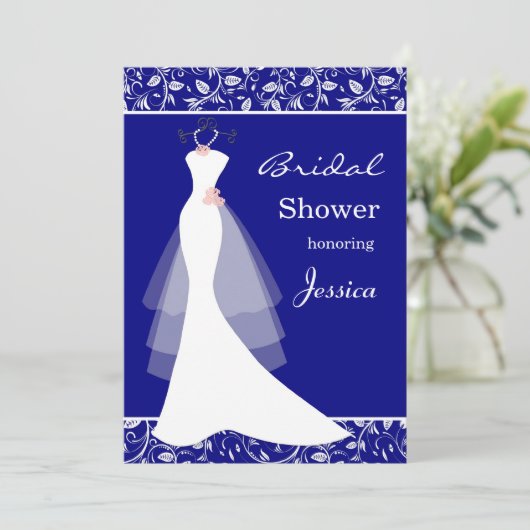 ロイヤルブルーのブライダルシャワーの白い婚礼衣裳 招待状 (スタンド正面)