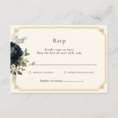 ロイヤルブルーのボタンを使用した結婚式の金枠付きRSVP エンクロージャーカード (正面)
