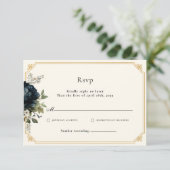 ロイヤルブルーのボタンを使用した結婚式の金枠付きRSVP エンクロージャーカード (スタンド正面)