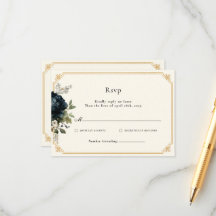 ロイヤルブルーのボタンを使用した結婚式の金枠付きRSVP