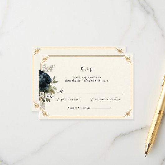 ロイヤルブルーのボタンを使用した結婚式の金枠付きRSVP エンクロージャーカード (正面/裏面インサイチュ)