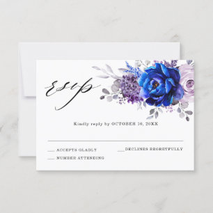ロイヤルブルーのライラックパープルの花の結婚式出欠カード 出欠カード