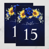 ロイヤルブルーのラスティックひまわりテーブルナンバーカード 招待状 (正面/裏面)