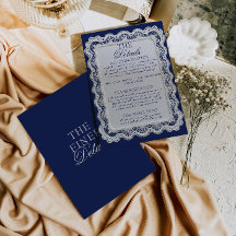 ロイヤルブルーのレースのドイリー　オールドマネーの結婚式の詳細