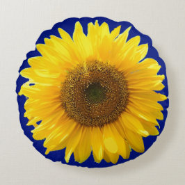 ロイヤルブルーの丸いクッションに美しいひまわり ラウンドクッション