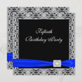 ロイヤルブルーの女性向けクラシックブラック 50歳誕生日パーティー 招待状 (正面/裏面)