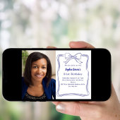 ロイヤルブルーの手描きリボン写真誕生日 招待状