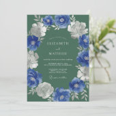ロイヤルブルーの植物が華やかに咲き誇るウェディング 招待状 (スタンド正面)