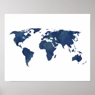 ロイヤルブルーの水彩画の世界地図 ポスター