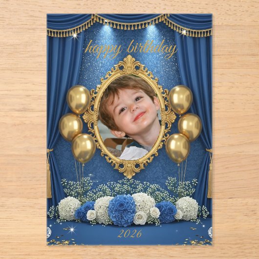 ロイヤルブルーの男の子お誕生日記念写真招待状 アクリル招待状 (正面)