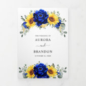 ロイヤルブルーの素朴なひまわりモダンな花の結婚式 三つ折り案内状 (カバー)