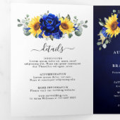 ロイヤルブルーの素朴なひまわりモダンな花の結婚式 三つ折り案内状 (内部最初)