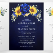 ロイヤルブルーの素朴なひまわりモダンな花の結婚式 三つ折り案内状 (内部中)