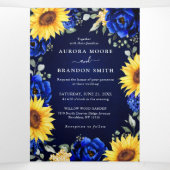 ロイヤルブルーの素朴なひまわりモダンな花の結婚式 三つ折り案内状 (内部中)
