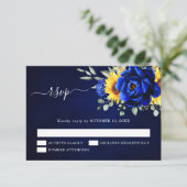ロイヤルブルーの素朴なひまわりモダンな花の結婚式 出欠カード (スタンド正面)