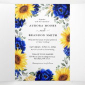 ロイヤルブルーの素朴なひまわりモダン花束 ウェディング 三つ折り案内状 (内部中)