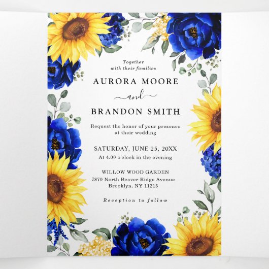 ロイヤルブルーの素朴なひまわりモダン花束 ウェディング 三つ折り案内状 (内部中)