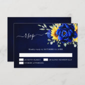 ロイヤルブルーの素朴なひまわりモダン花束 ウェディング 出欠カード (正面/裏面)