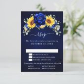 ロイヤルブルーの素朴なひまわりモダン花束 ウェディング 出欠カード (スタンド正面)