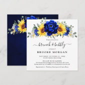 ロイヤルブルーの素朴なひまわり モダンなブランチ & バブル 招待状 (正面/裏面)