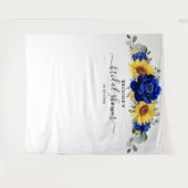 ロイヤルブルーの素朴なひまわり モダンな結婚式前祝賀会 タペストリー (正面(横))