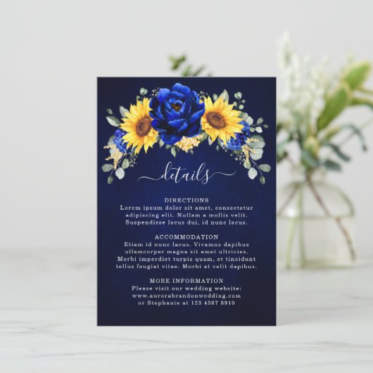 ロイヤルブルーの素朴なひまわり 現代の結婚式の詳細 エンクロージャーカード (スタンド正面)