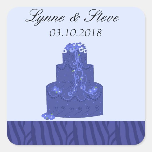 ロイヤルブルーの結婚式ウェディングケーキのSave the Date スクエアシール (正面)