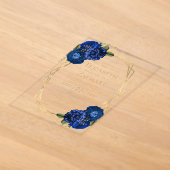 ロイヤルブルーの花とゴールドの幾何学模様の結婚式 アクリル招待状 (レイダウン)