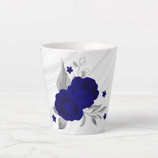 ロイヤルブルーの花とシルバーの葉の大理石 カフェラテマグ (正面)