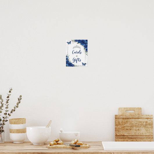 ロイヤルブルーの花と蝶のキンチャネラカードギフト ポスター (キッチン)