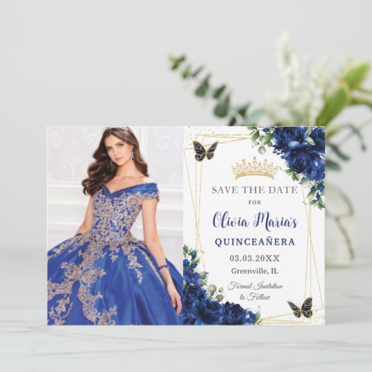 ロイヤルブルーの花と蝶のクイーンズ15歳誕生日写真 セーブザデート (スタンド正面)