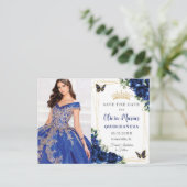 ロイヤルブルーの花と蝶のクイーンズ15歳誕生日写真 案内ポストカード (スタンド正面)