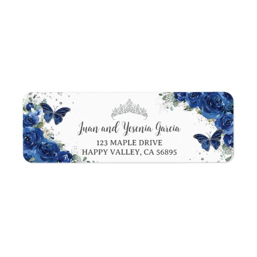 ロイヤルブルーの花のキンセアニエラ返信先住所ラベル ラベル (正面)